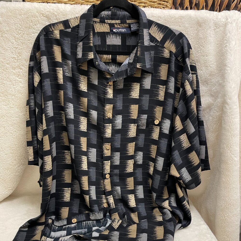Puritan Men's Short Sleeve Button-down Black Print Shirt 2XL